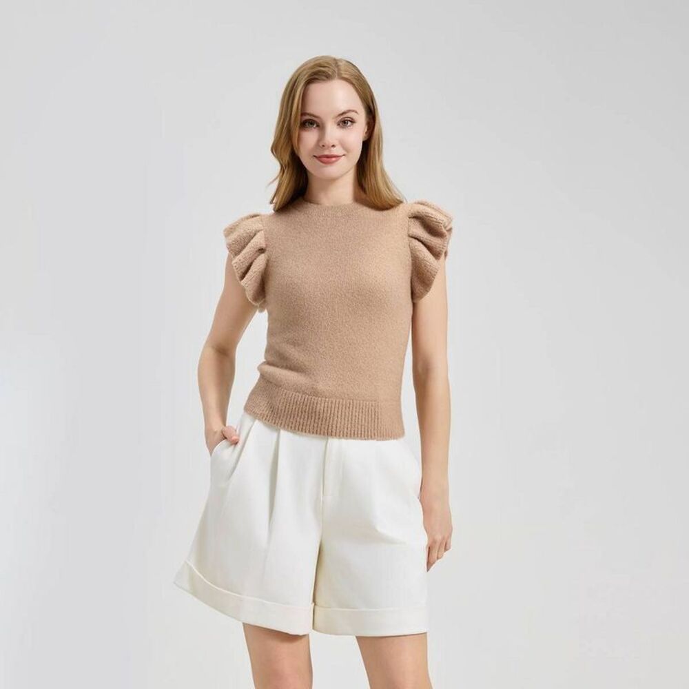 Women's Ruffle Cap Sleeve Crewneck Sweater - A New Day Tan M
